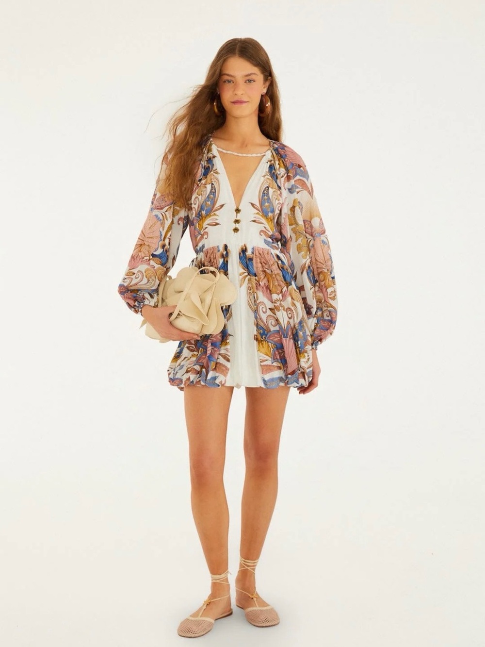 FARM Rio Off-White Mini Bubble Dress with Pastel Print